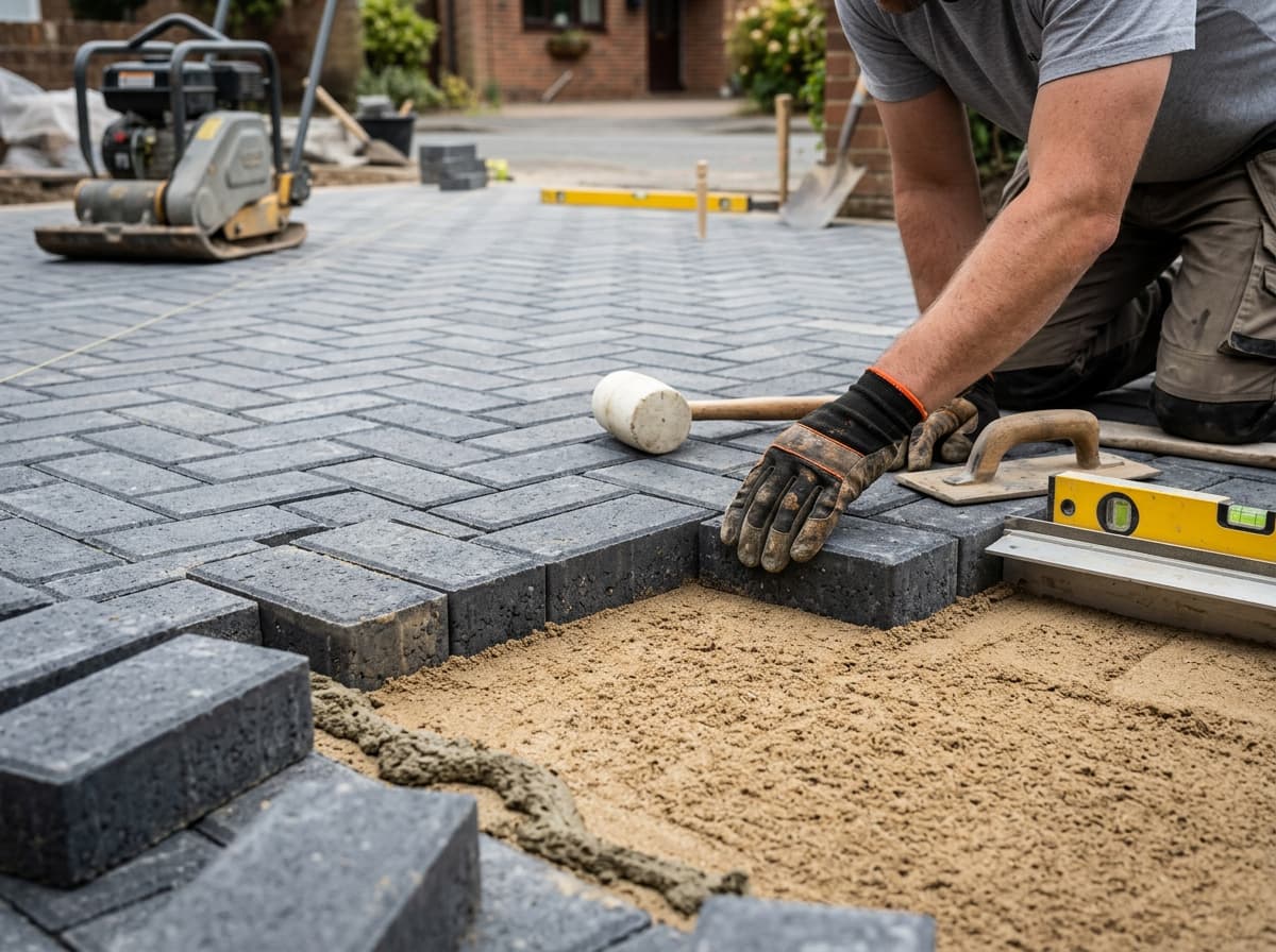 Tradesman laying block paving in a herringbone pattern on a compacted sand bed, using a rubber mallet and spirit level