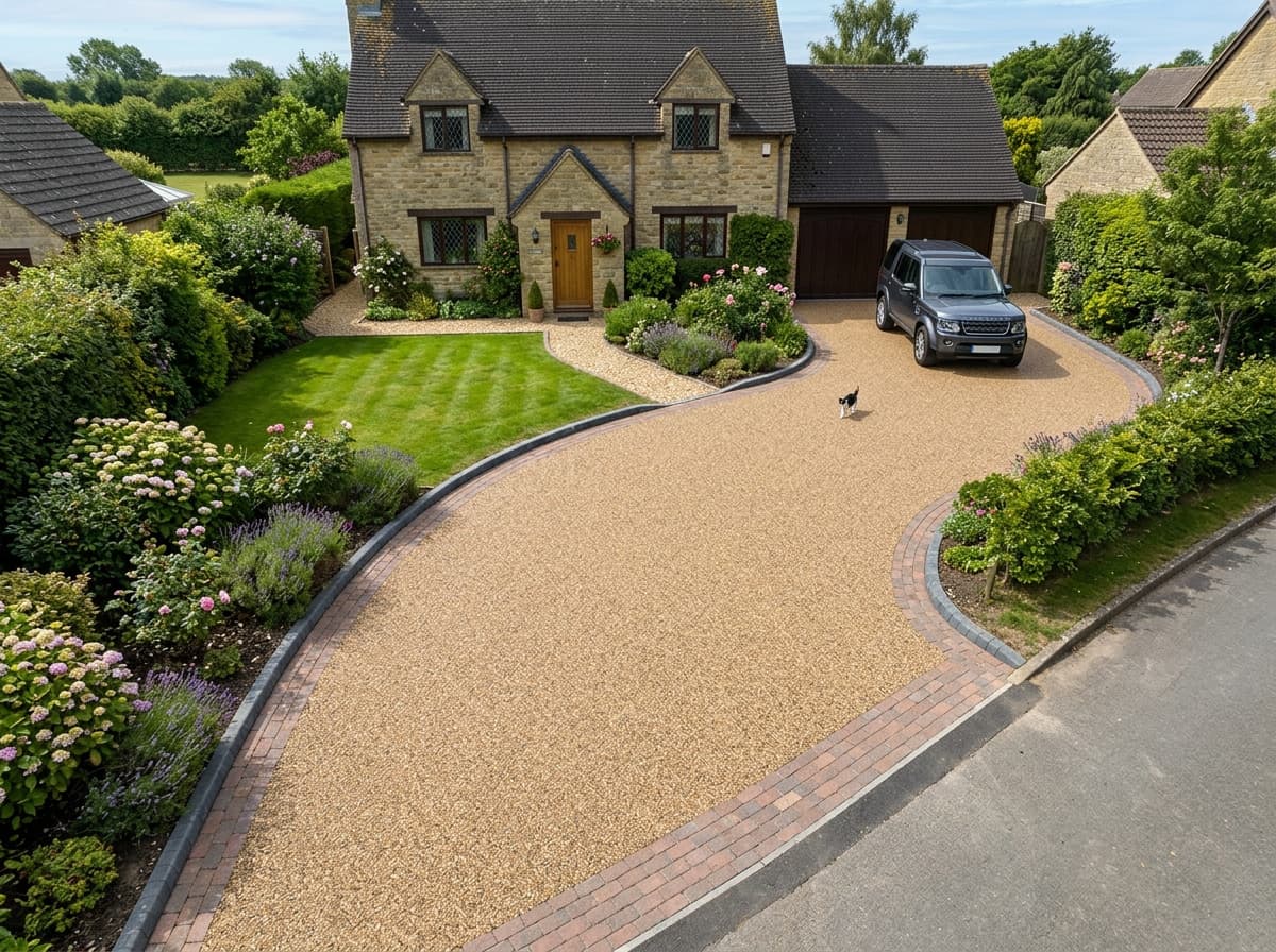 Finished resin bound driveway with a block-paved border, curving up to a period stone cottage
