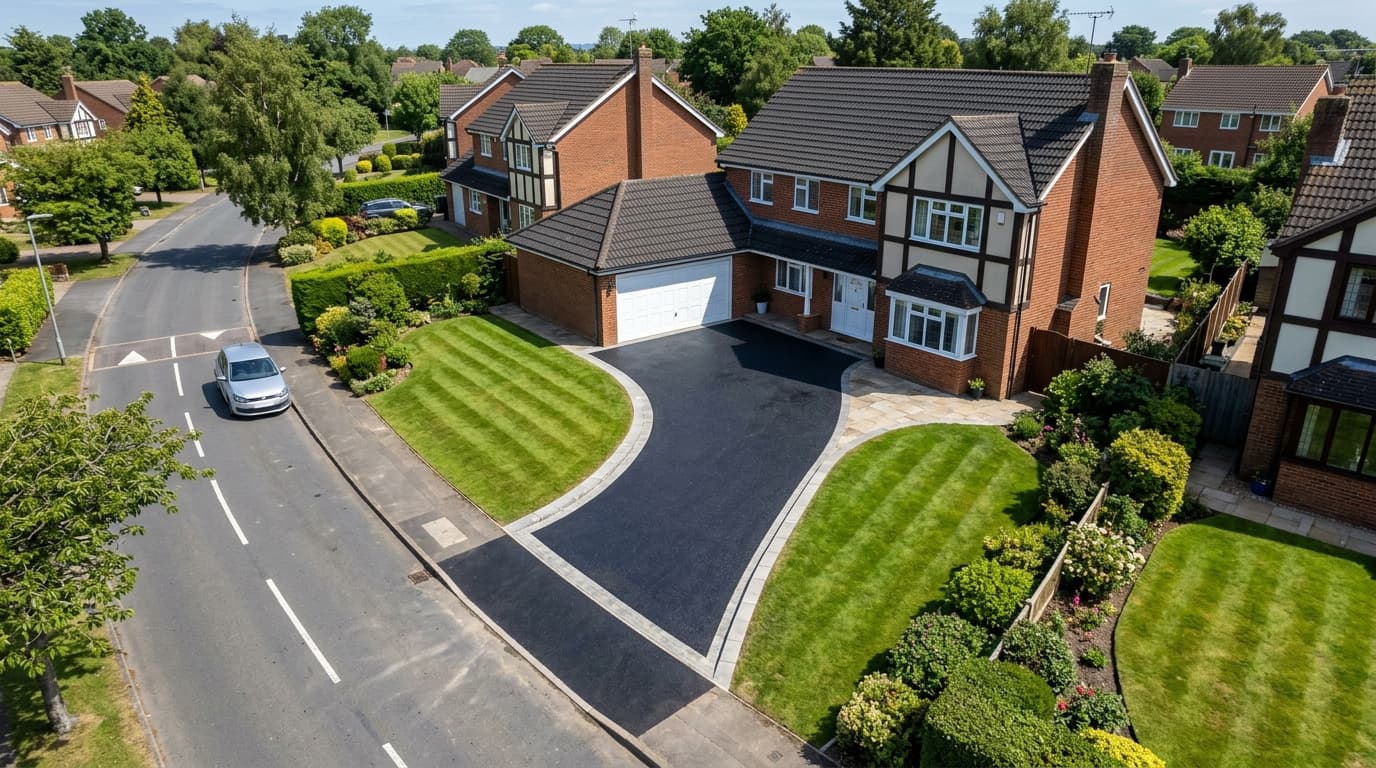 Aerial view of a smooth dark tarmac driveway with a light stone edge border in front of a detached house