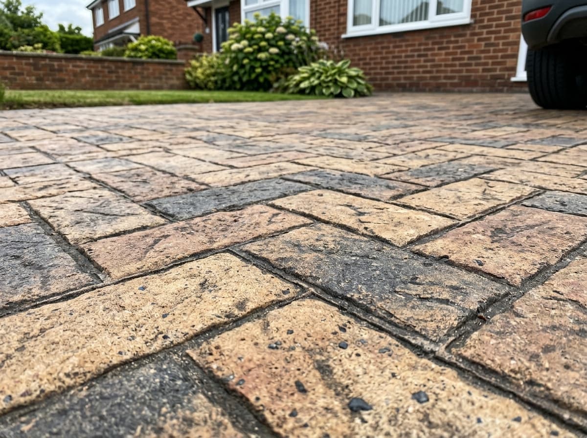 Close-up of a pattern-imprinted concrete driveway with a stamped brick-effect texture