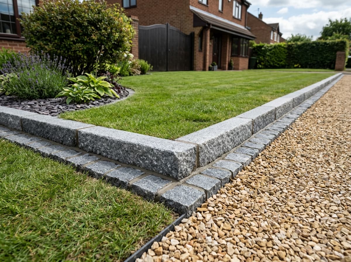 Close-up of granite kerb edging separating a lawn from a gravel driveway